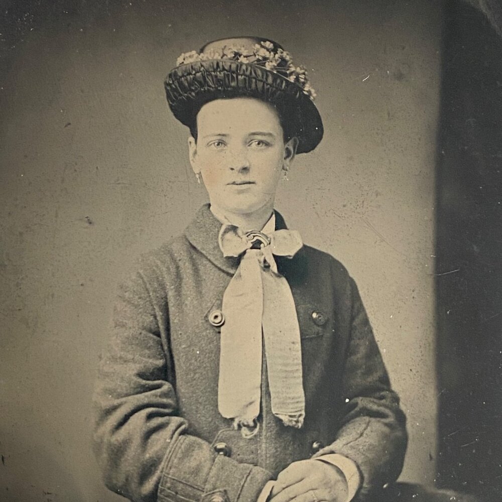 1800s Ferro Tintype Young Woman Pink Cheeks Bowtie Wearing Hat Studio Portrait